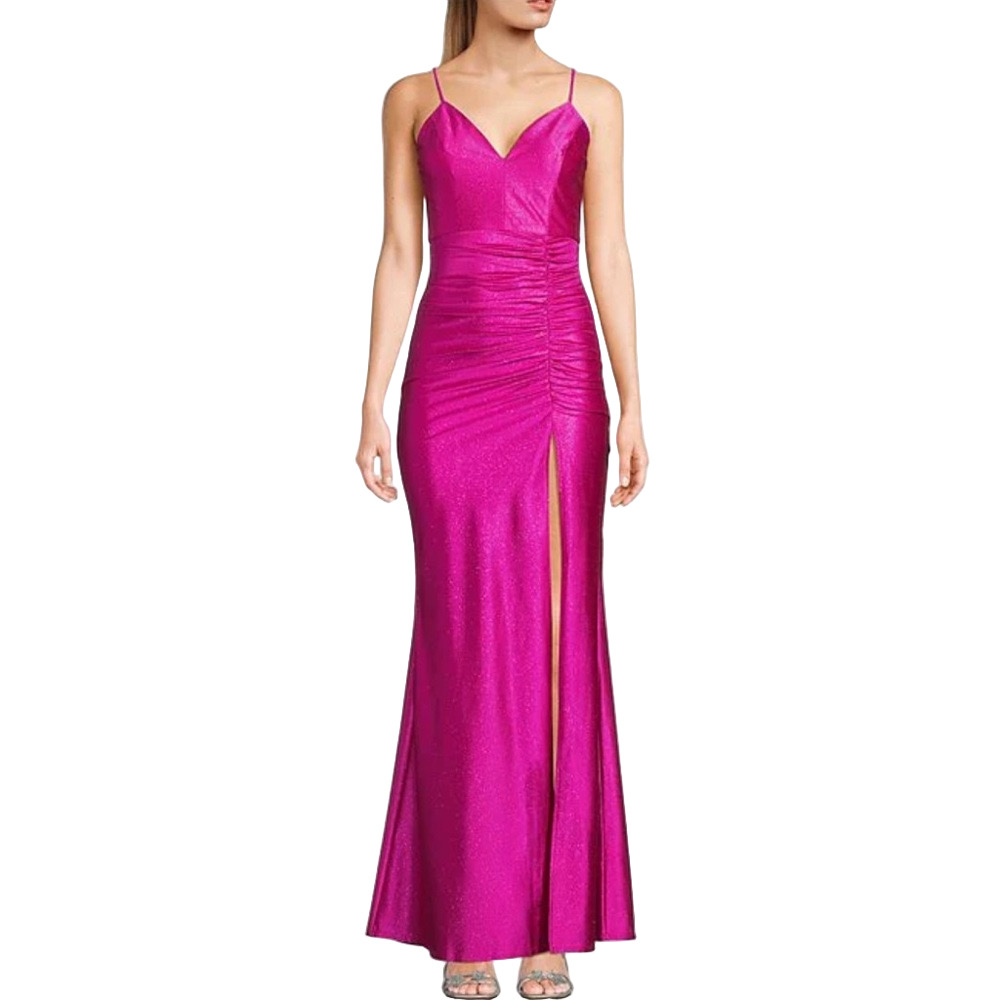 Honey and Rosie Spag Strap V-Neck Ruched Slit Glitter Satin Long Dress size XL - Picture 10 of 13